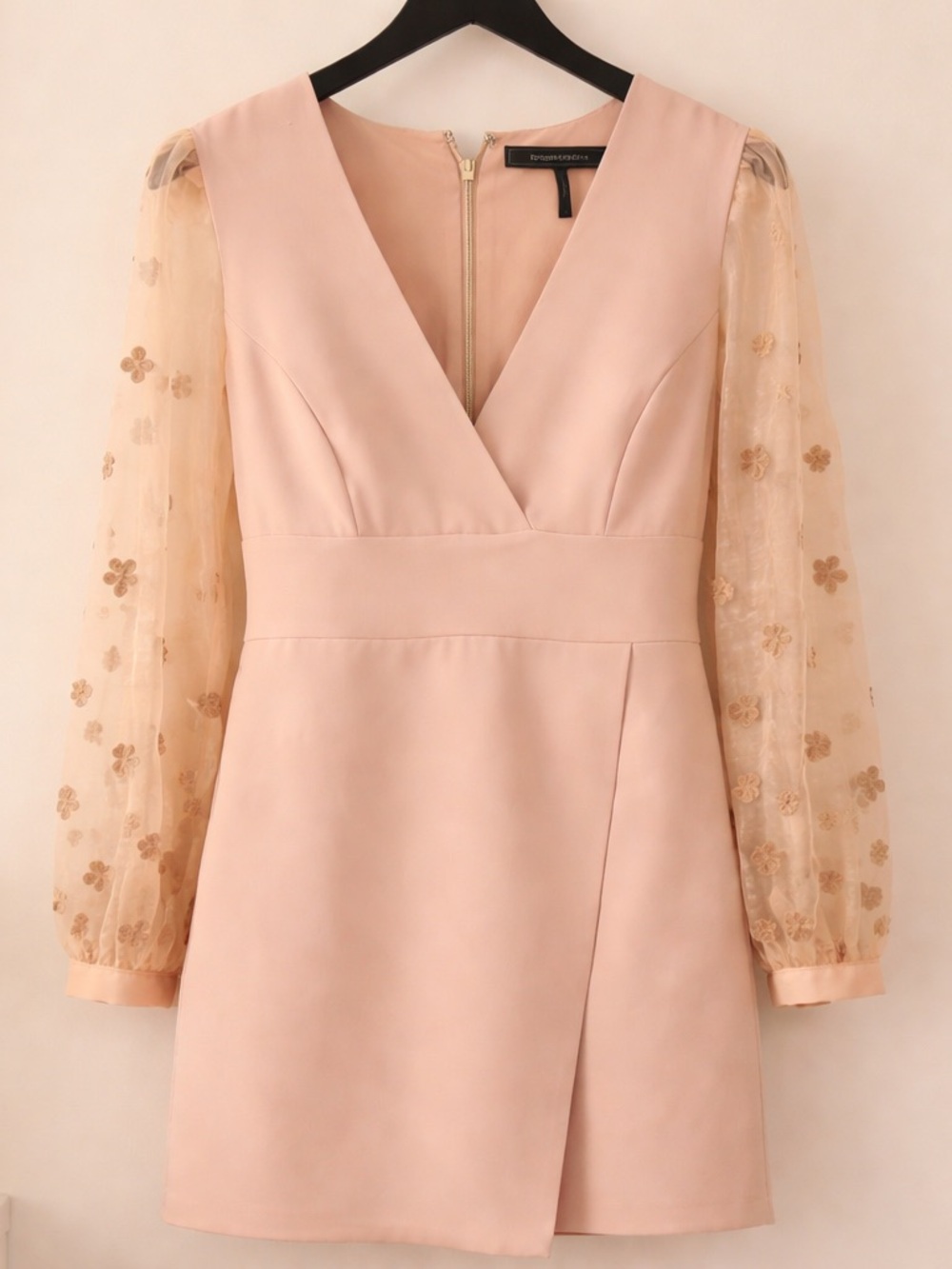 BCBGMaxAzria Blush Pink V-Neck Mini Dress with Sheer Floral Sleeves